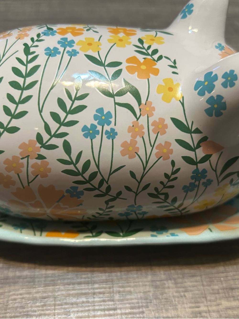 Pig Butter Dish Keeper Storage Display Floral Print Ceramic 8" Aqua Green Yellow - Picture 2 of 10